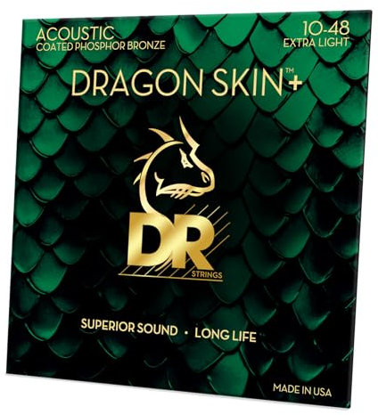 DR DAP-10 - Corde per chitarra acustica DRAGON SKIN+™ rivestite in bronzo fosforoso, suono superiore con sensazione confortevole e lunga durata, extra leggere 10-48