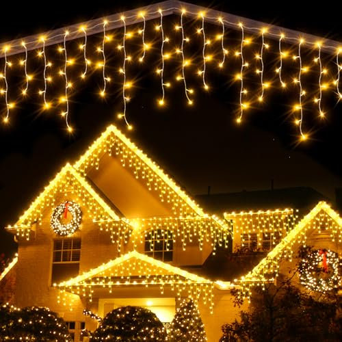Auriostar Eisregen Lichterkette Außen 15M, 594 LED Weihnachtsbeleuchtung Außen Warmweiß mit Fernbedienung, Lichterkette Außen Strom mit Timer 8 Modi, Wasserdicht für Balkon Fenster Haus Weihnachtsdeko