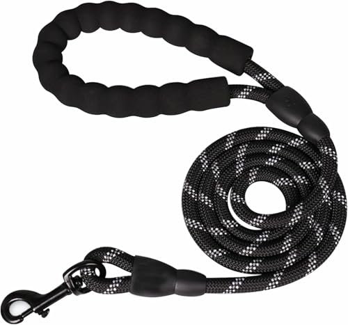 Heavy Duty Rope Dog Lead 5FT - Durable Anti-Slip Leash with Soft Padded Handle, Reflective Nylon Training Lead for Walking, Running, and Obedience – for Small, Medium & Large Dogs (Black, Large)