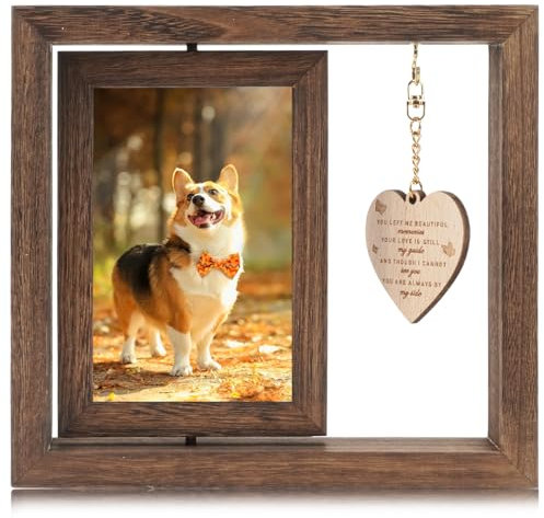Chstarina Gedenk-Bilderrahmen mit Holz und Herz, Drehbar für Hund und Katze, 15 x 10 cm, Rotierender Rahmen für Büro und Zuhause Deko