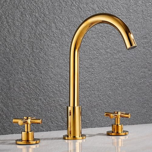 Robinet de Lavabo Cascade Mitigeur de Lavabo 3 Trous Or Robinet de Salle de Bains 2 Poignées Pivotantes à 360 Degrés Double Poignée Croisée Mitigeur de Lavabo Laiton Chaud Et Froid