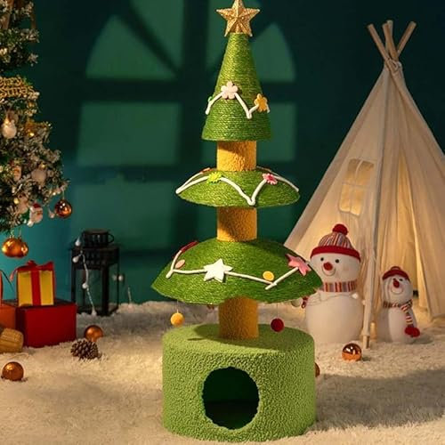 GAOCUNBING Árbol de Navidad grande para gatos, árbol de madera para gatos, árbol rascador de sisal, árbol de Navidad alto con bola teaser para gatos
