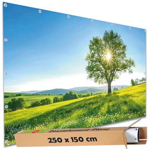 TRIOSK Sichtschutz Garten Deko Zaun Plane Blickdicht groß mit Zaunblende Motiv Sommer Blumen Wiese für Balkon Terrasse Zaunelement Doppelstabmatten Gartenzaun PVC 250x150 cm