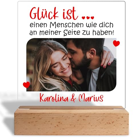 Personalisiertes Glasbild Glück ist einen Menschen wie dich zu haben mit Foto - Acrylglas inkl. Holzaufsteller - 15x18 cm - Fotogeschenk zum Jahrestag, Valentinstag oder Geburtstag - Paar Geschenk