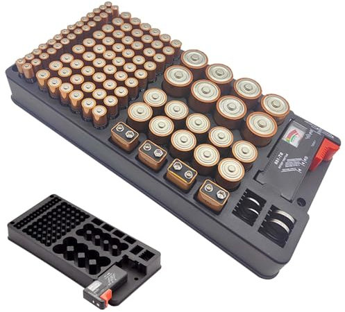 Boîte de rangement pour pile avec support testeur - Organiseur pour 116 piles de différentes tailles - Pour AAA, AA, 9 V, C, D et bouton