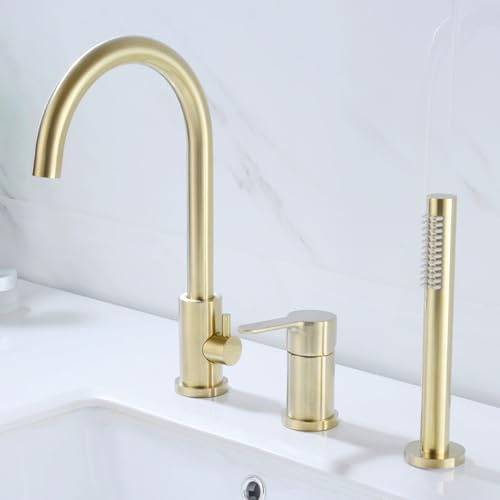 XJTNLB Robinet Baignoire avec Douchette 3 Trou Mitigeur Baignoire Or Brossé Sortie Rotative de Col en Cygne Mitigeur Douche 2 Sorties