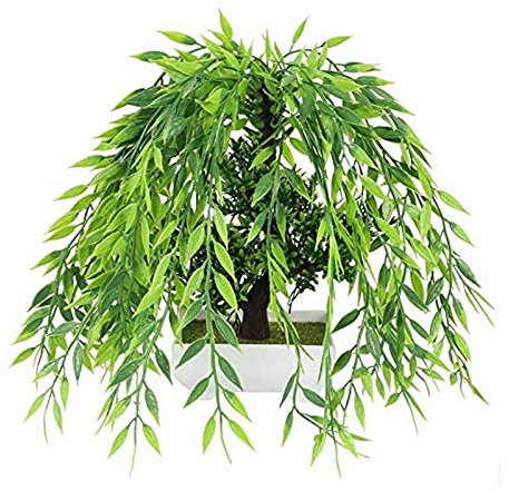 Artificial Potted Plants Artificial Bonsai Tree in White Plastic Flower Pot Indoor Fake Potted Plant Table Top, Plastic