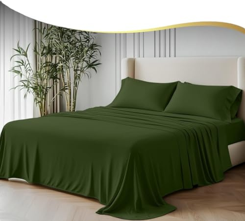 GF 100% Organic Bamboo Bedding Set 4 Pieces 300tc Luxurious sateen weave Duvet Cover, 2 x Pillow Cases & Extra Deep 40cm Fitted Sheet. (Evergreen Eclipse, Double Size)