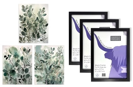 Artery8 Eucalyptus Leaves Wall Art - Set of 3 A4 Sized Art with Black Frames - Botanical Plants Sage Green Watercolour Boho