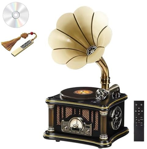 LIULIQ Platine Vinyle Gramophone, Mini Lecteur CD Phonographe Nostalgique avec Télécommande, Conception Sonore Surround Et Boîtier en Bois Massif, Lecture CD/clé USB/FM pour La Décoration Intérieure