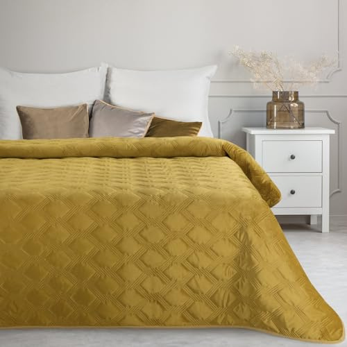 Design91 Zweiseitige Tagesdecke aus Samt & Mikrofaser, gesteppt – Für Bett & Sofa Sofia 5 Honig 220x240 cm