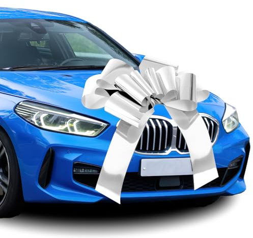 Moosono Große Silber Schleife für Auto, Geschenkschleife Große, Riesige Autoschleife, Car Bow für Fahrrad und Schleife mit Saugnapf (23 Zoll)