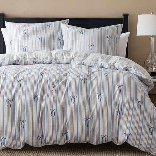 R.SHARE Bettwäsche Set 2teilig, 1 Bettbezug 135 x 200 mit 1 Kissenbezüge 80x80 cm, Kuschel Bettwäsche Schleifen Muster mit Reißverschluss ÖKO-TEX Bedding, Streifen Bogen