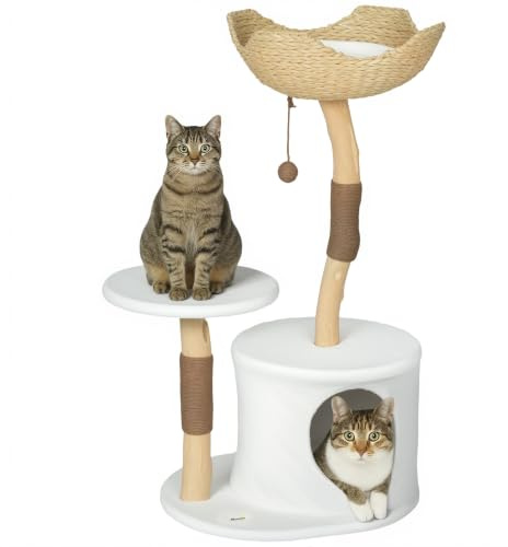 PawHut Arbre à Chat Hauteur 102 cm avec Griffoirs Multi-Niveaux Blanc | Tour de Jeux pour Chats, Plate-Forme, Lit, Niche, Coussin Moelleux Lavable, Tissu Peluche