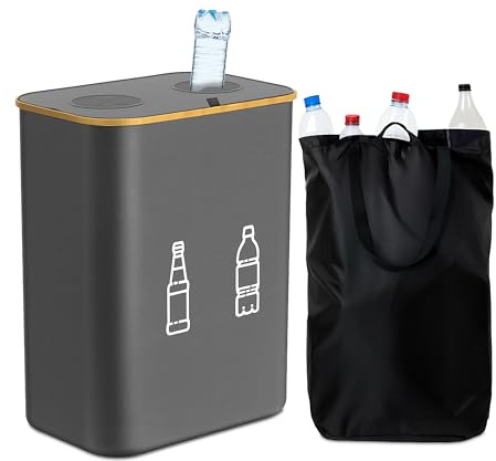 Relaxdays Bottle Recycling Bin 160L with 2 Bags, Glass & Plastic Collector, 75x57x37 cm, Grey