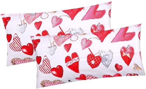 Renforcé Kissenbezug 40x80cm, 2er Set, Baumwolle (BS-Valentin-Weiß-40x80) | Landhaus, Herzen, Love, Liebe, Kissenhülle, Reißverschluss, Dekokissenbezug, 2 Stück
