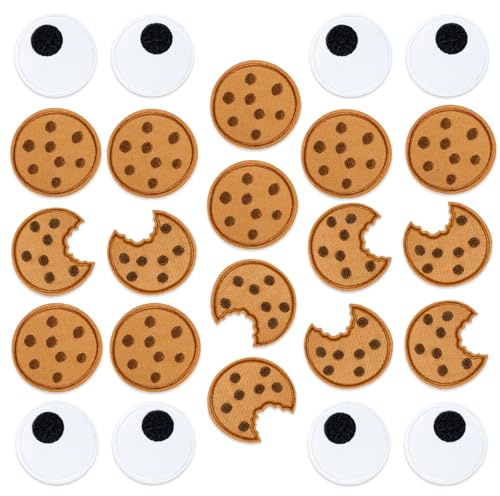 25 Stück Augen Kekse Eisen auf Patches Schokolade Chip Kekse gestickte Patches Nette Stickerei Applikation Nähen auf Patch für Kleidung Hut Hosen Schuhe Nähen Handwerk Dekoration