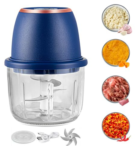 Tragbarer Mini Zerkleinerer Elektrisch mit USB-Anschluss, 350ML Zerkleinerer Elektrisch mit 6 scharfen Klingen, Gemüsezerkleinerer Zwiebelschneider Küche für Babynahrung Fleisch Knoblauch Obst (Blau)