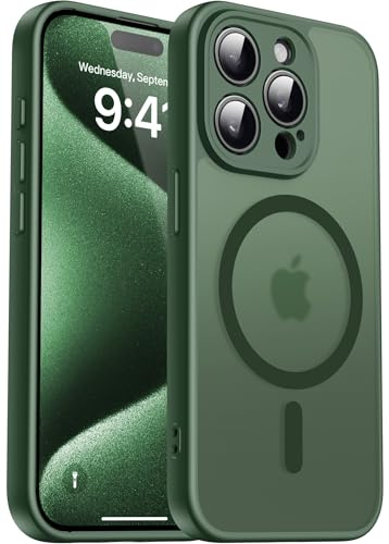 Natiiozie Magnetisch Hülle für iPhone 15 Pro Max, Matt Dunkelgrün | Kompatibel mit MagSafe, Kameraschutz Militärschutz Handyhülle, Stoßfest Kratzfest Schutzhülle Transluzente Rückseite Case