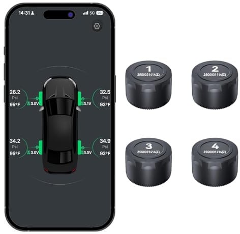 OBEST Bluetooth TPMS 4 External Sensors Tire Pressure Temp Monitor | Motorcycle Tire Pressure and Temperature Alarm, Bluetooth Motorcycle/Car TPMS Support iOS and Android, for Trailer Camper