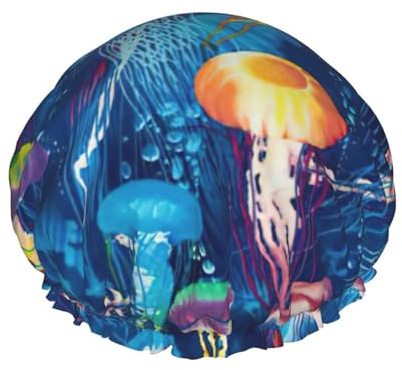Shower Colored Jellyfish Print Cap For Women Reusable Waterproof, Double Layered Shower Hair Cap With Elastic Strap,One Size