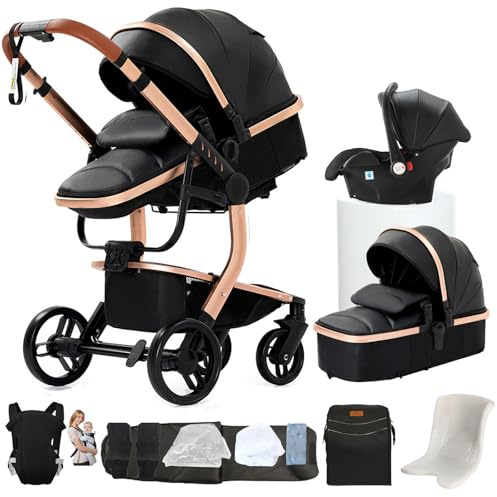 Kombikinderwagen 3-in-1, bidirektional mit Babywanne, verstellbar 105-180°, leicht faltbar, 4 Räder (X518-BLACK)