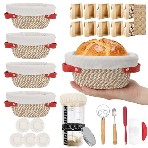 Gärkörbchen Ovalen aus 5 Stück, 6,5 Zoll Kleine Körbe mit Sauerteig Starterglas, Mini Brot Backen mit Gärkörbchen Set, 10 Brottüten, Baumwollseil Gärkörbe für Teigaufgehung, Backzubehör für Brot