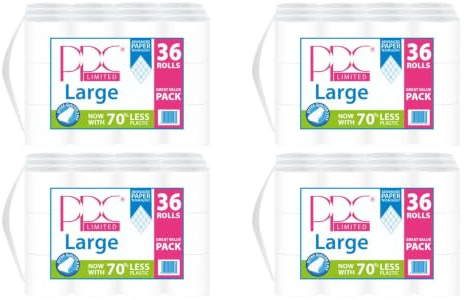 PPC Large Toilet Rolls 144 Pack, 2 Ply Quilted White Tissue | Extra Quilted & Embossed, Soft & Strong, 100 Sheets per Roll, 70% Less Plastic, Bulk Value Pack