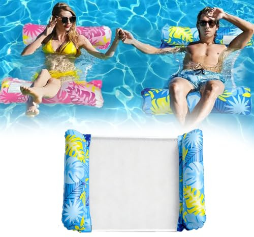 Pool Hängematte Aufblasbar 127x70cm Wasserhängematte Faltbar Luftmatratze Poolliege mit Netz für Erwachsene Tropenmuster (Blau)