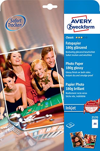 AVERY Zweckform 2570 Classic Inkjet Fotopapier (10 Blatt, 180 g/m², DIN A4, beidseitig beschichtet, glänzend, weiß, FSC, zum Drucken von Fotos auf Tintenstrahldruckern, sofort trocknend)