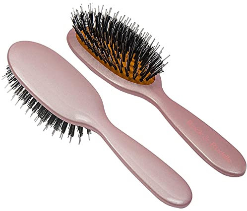 Rock & Ruddle Natural Mixed Boar Bristle Hair Brush for Women and Kids (Small/Travel Size, 17.5cm) - Perfect for Wet or Dry Hair, Detangling Smoothing Blowdrying - Made in UK - Rose Gold Design