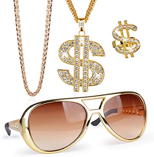 FLOFIA 4-er Set Dollar Kette Dollarzeichen Ring Rockstar Brille Rapper Set Schmuck Gangster 80er 90er Outfit Herren Kostüm Hiphop Schmuck Gold Millionär für Fasching Karneval
