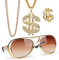 FLOFIA 4-er Set Dollar Kette Dollarzeichen Ring Rockstar Brille Rapper Set Schmuck Gangster 80er 90er Outfit Herren Kostüm Hiphop Schmuck Gold Millionär für Fasching Karneval