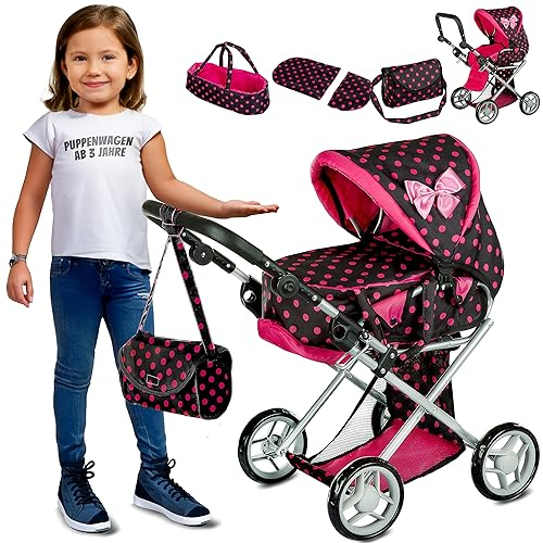 Kinderplay Puppenwagen ab 1 2 3 Jahre Kinderwagen Spielzeug - 3 in 1, Puppenwagen mit Herausnehmbarer Tragetasche und Umhängetasche, Höhenverstellbar 34.5 cm bis 64 cm, KP0200G