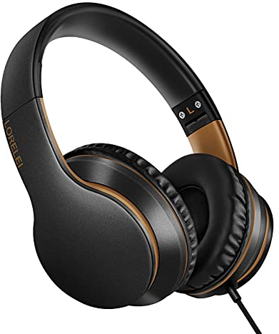 LORELEI X6 Over-Ear Headphones with Microphone, Lightweight Foldable & Portable Stereo Bass Headphones with 1.45M No-Tangle, Wired Headphones for Smartphone Tablet MP3 / 4 (Black-Gold)
