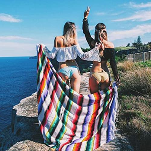 Boho Ethnic Style Stranddecke Strandtuch Quasten Überwurf Teppich Mexikanischen Stil Decken Picknickdecke Handgemachte Gestreifte Tischdecke-Weiß,145x215cm