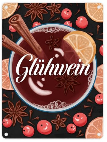 Glühwein mit Zutaten Motiv - dekoratives Metallschild in 15x20 cm für die Weihnachtszeit um Liebhabern von Glühwein ein Geschenk zu machen und die Küche oder den Glühweinstand zu