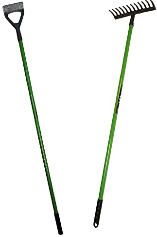 U.saf Gardening Tools Set Of 2 Dutch Hoe, Garden Rake With Carbon Steel Head & Tubular Steel Shaft Ideal For For Gardening Weeding Loosening, Moving & Levelling Soil. (Garden Rake + Dutch Hoe)