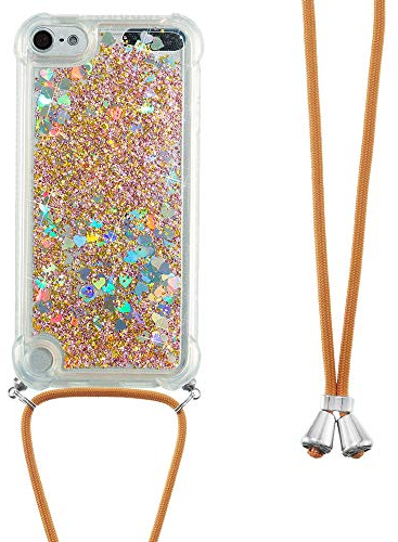 Handykette Handyhülle für iPod Touch 5/6 / 7 Hülle,Glitzer Quicksand kreatives Fließende Flüssigkeit schwimmt Silikon Case mit Umhängeband Handykordel Band Kette für iPod Touch 5,GS Gold Heart