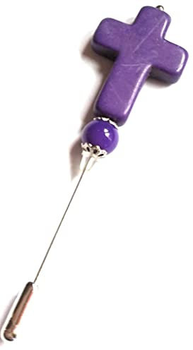 Fibule, broche habillé d'une croix et une perle en violet, howlite, verre, accessoire de vêtements.