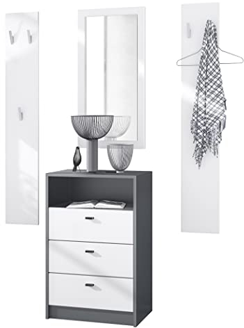 Vladon Garderoben-Set Pino V2, Made in Germany, 2 Wandpaneele 140 cm und Anrichte mit 3 Schubladen & 1 offenem Fach, Anthrazit matt/Weiß matt (56 x 86,5 x 36 cm)