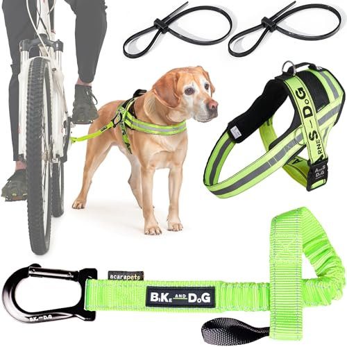 Hundeleine und Hundegeschirr für das Fahrrad, Geschirr mit seitlichen Ringen, inkl. 2 Fahrradgurte. Patentiert. (Gelb, L)