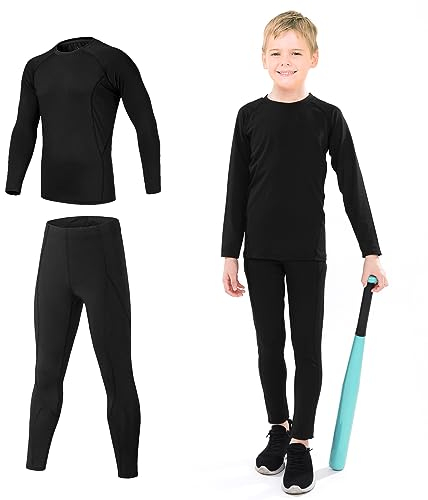 TBoonor Biancheria Intima Termica per Bambini Set di Biancheria Intima da Sci Bambini Funzionale Camicia Termico Pantaloni per Running Sport Invernali Intimo Termico Set Nero con Filo Nero - Sottile