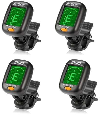 MEELAND Guitar Tuner 4 Set, Mini Clip-on Tuner for Guitar/Bass/Ukulele and Violin/Anti-Interference Color LCD Display/Battery Included/Auto Power Off (4 PACK)