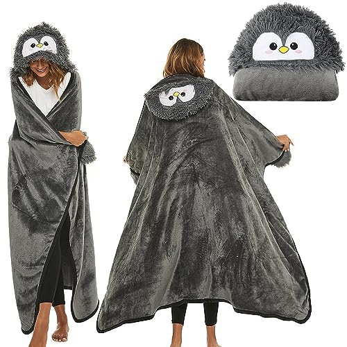 Pinguin Kuscheldecke Flauschig 150 * 125cm, Pinguin Geschenk Decke Grauer, Kuscheldecke mit Ärmeln und Hut, Tragbare Decke, Wearable Blanket für Damen, Kuscheldecke Tier für Geburtstage, Neujahr