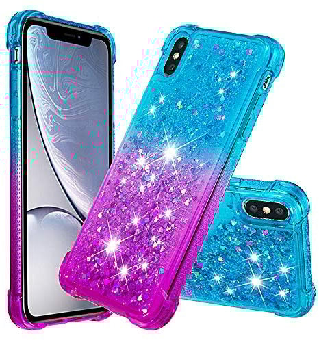 QIWEIQING Compatible for iPhone XS Max Case Star Glitter Shiny Slim Fit Shockproof Protective Girly Women Crystal Hearts Phone Case Cover for iPhone XS Max.Blue Purple YBJ
