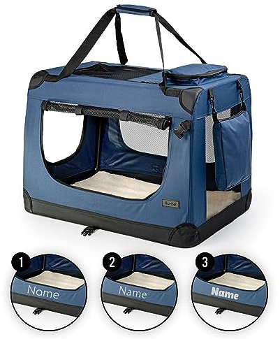 lionto Hundetransportbox faltbar für Reise & Auto, 70x52x50 cm, stabile Transportbox mit Griffen & Decke für Katzen & Hunde bis 15 kg, Hundebox aus Stoff für klein & groß, dunkelblau (Namensaufdruck)
