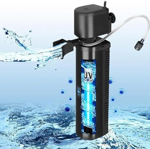 Filtre d'aquarium pour Bassins de 150-560 litres, 7W Anti-algues Clarificateur U-V Filtre Intérieur 1500L/h Pompe Submersible pour Aquariums d'eau Douce et D'eau Salée Cristal Clair Destructeur D'algu
