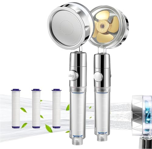 Dabeto Pommeau de douche à économie d'eau avec filtre - Pommeau de douche rotatif à 360° - Avec fonction d'arrêt - Anti-calcaire - Protège la peau et les cheveux - Doré