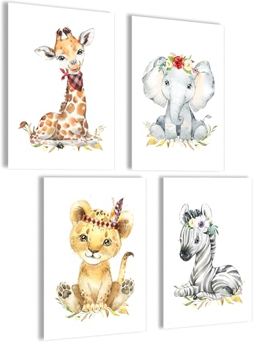 mojoliving Bilder Kinderzimmer jungen Baby Zimmer Poster Set Wandbilder Kinderzimmer mädchen Babyzimmer Deko Bilder Zimmer Dekoration (Set Giraffe, Elefant, Baby Löwe, Zebra)